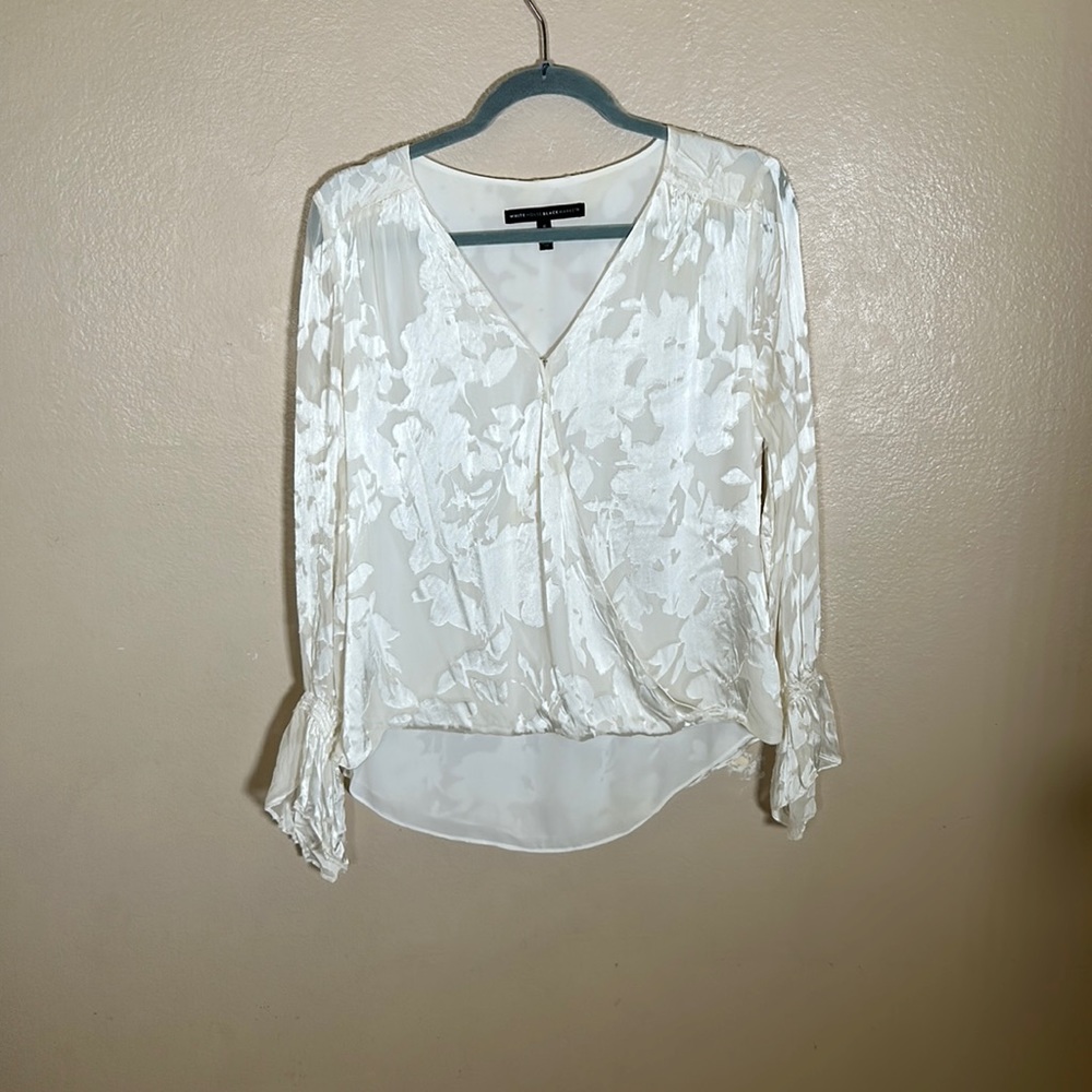 White House Black Market- Size 6 wrap silk blouse - white jacquard floral top
